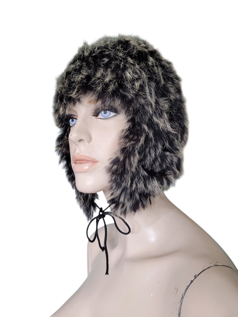Rabbit Fur Hat With Ear Flaps Black, Cream and Gray
